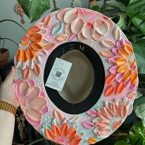 Custom Painted Cream Colored Velvet Hat w/Neon Flowers